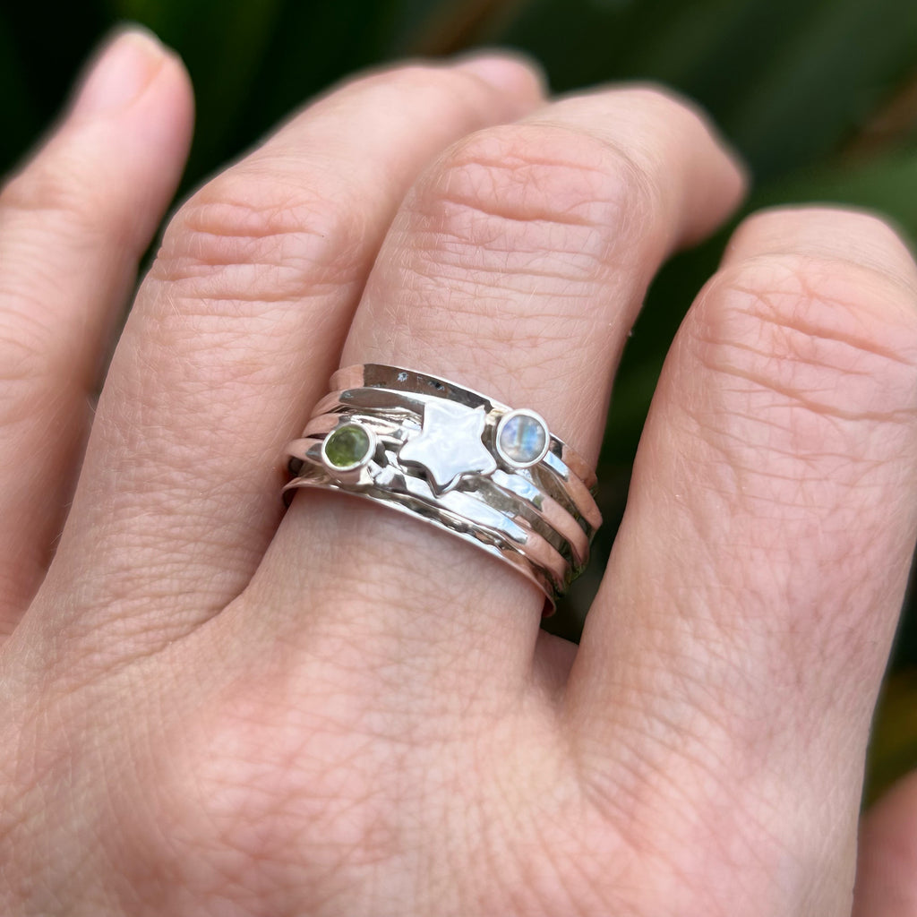 Sterling Silver Star and Gemstone Spinner Ring  - Moonstone and Peridot
