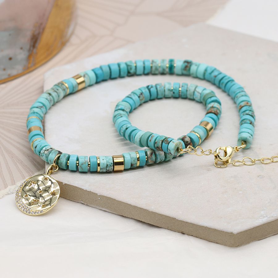 Aloha! Turquoise Beaded Disc Necklace With Star Pendant