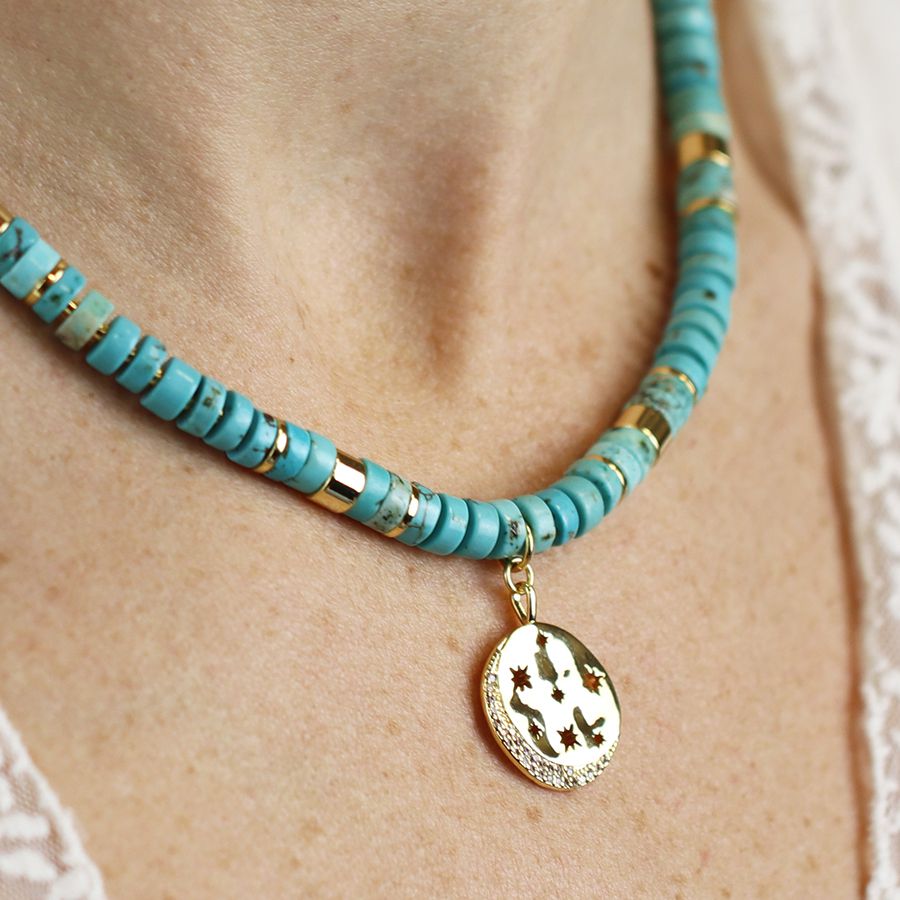 Aloha! Turquoise Beaded Disc Necklace With Star Pendant