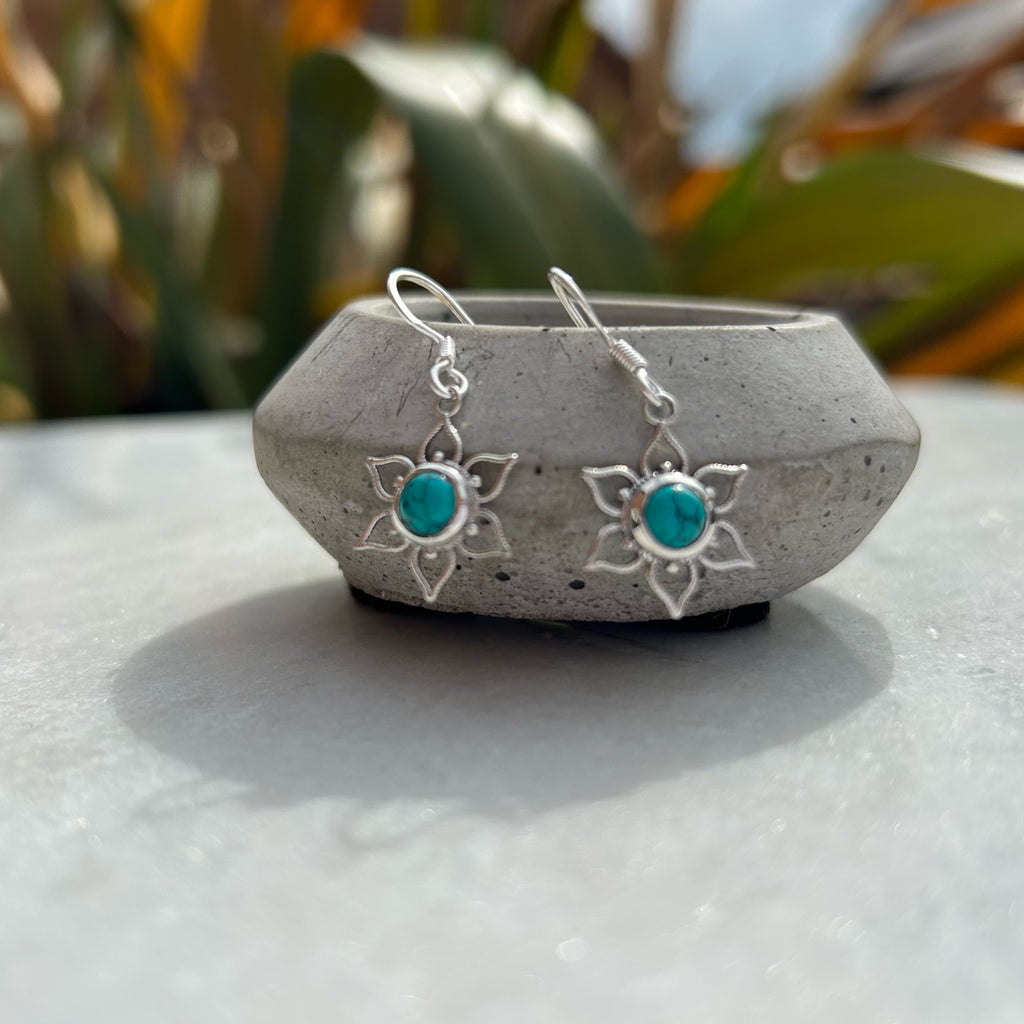 Lotus Flower Mandala Earrings - Silver and Turquoise