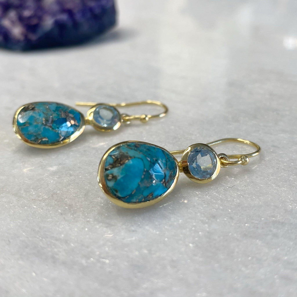 14K Gold Vermeil Copper Turquoise And Topaz Earrings