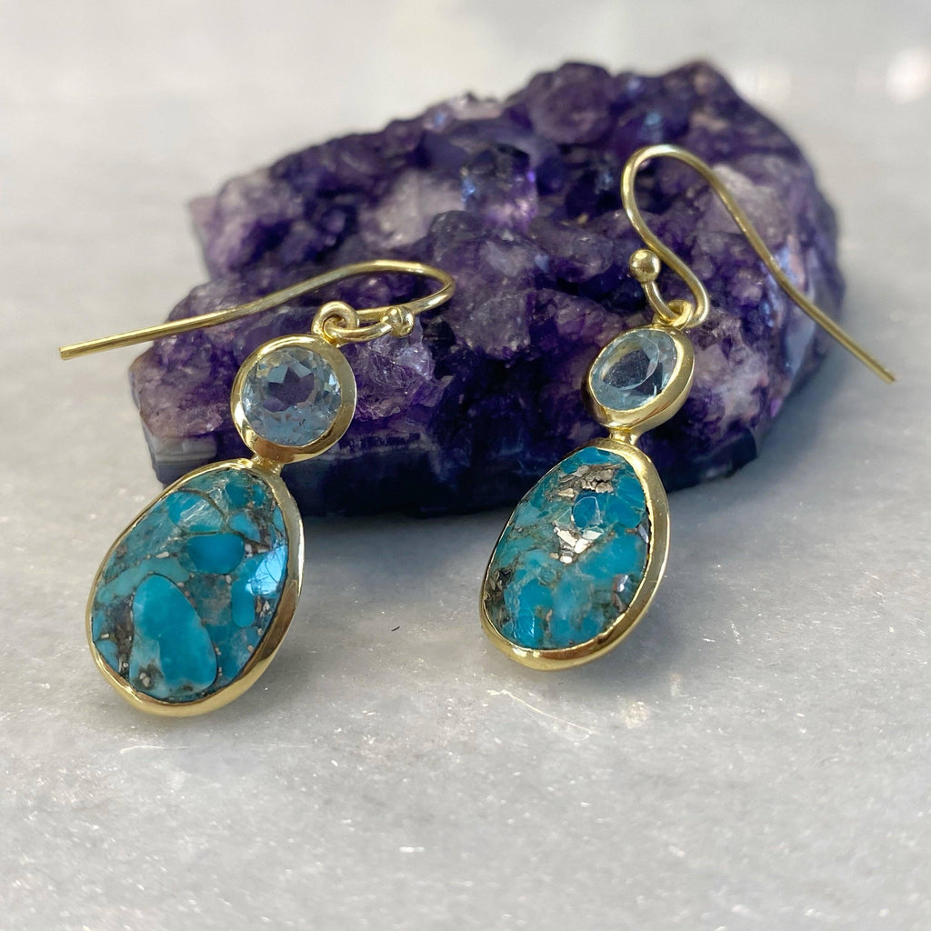 14K Gold Vermeil Copper Turquoise And Topaz Earrings