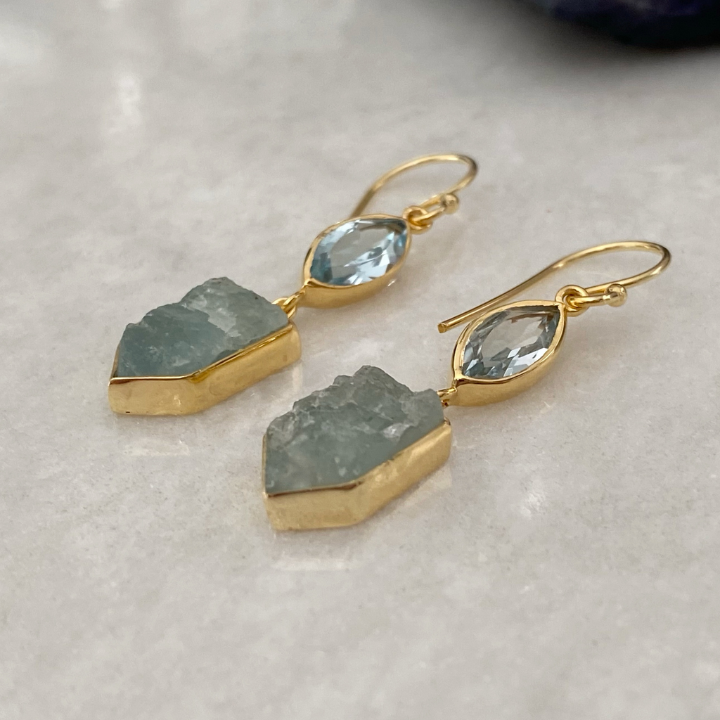 Raw Aquamarine and Topaz Gemstone Gold Vermeil Earrings