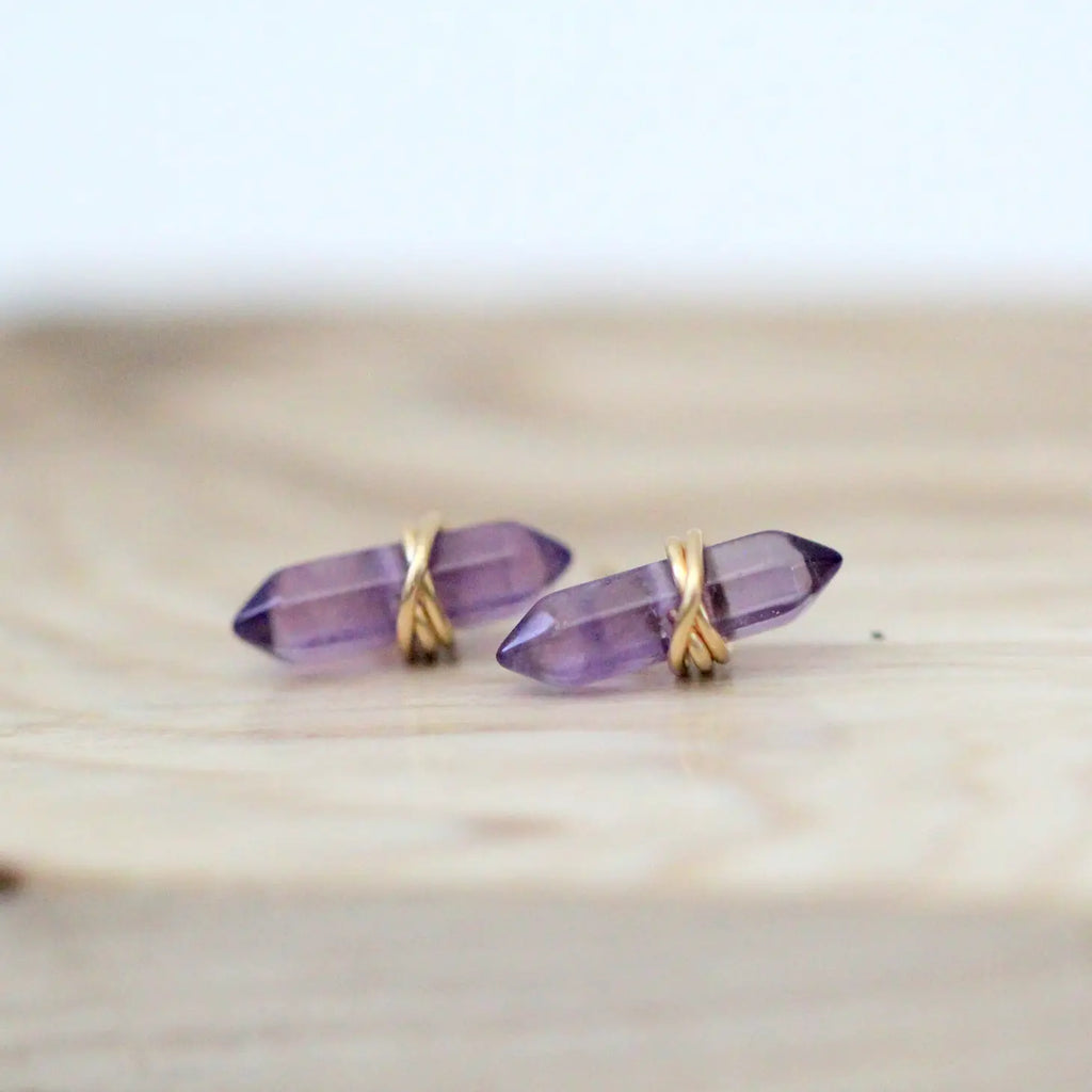 Amethyst Crystal Gemstone Gold Wrap Earrings