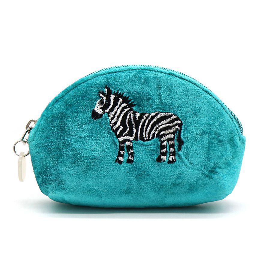Zebra Embroidered Purse -Teal velvet purse