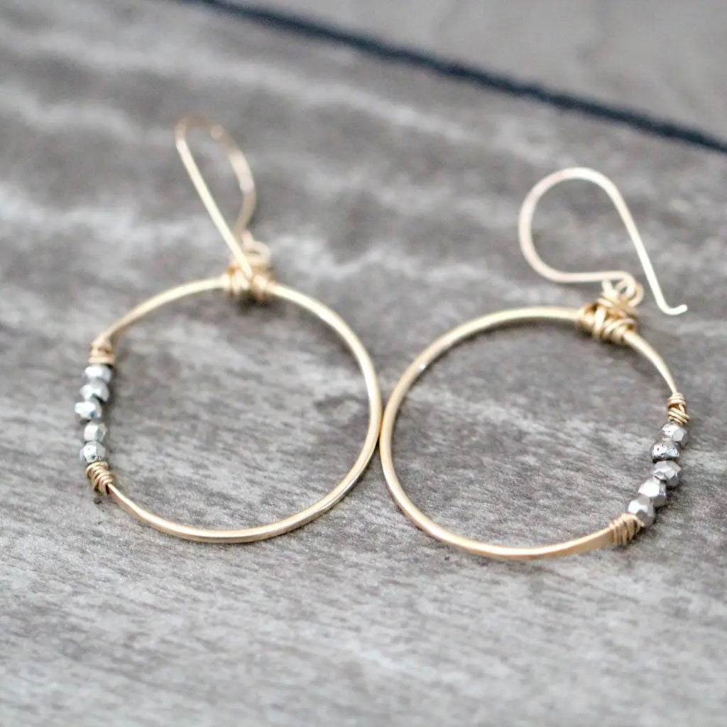 Argonaut Hoops - pyrite gemstone earrings - filled gold jewellery