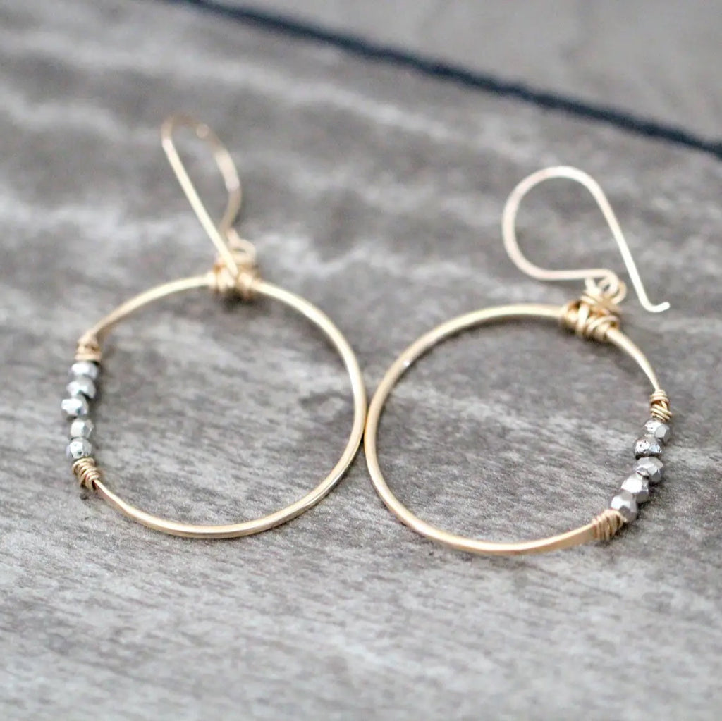 Argonaut Hoops - pyrite gemstone earrings - filled gold jewellery