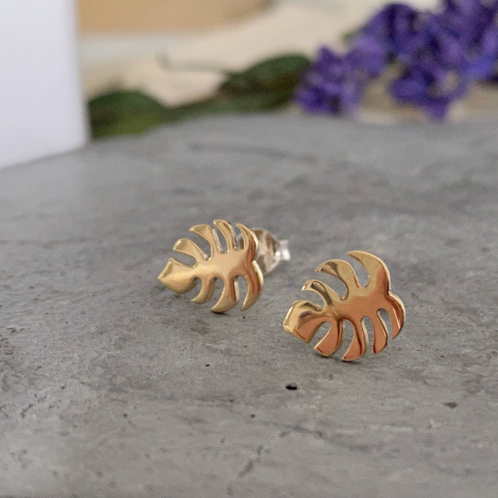 Bronze Monstera Palm Stud Earrings | Palm Leaf Earrings