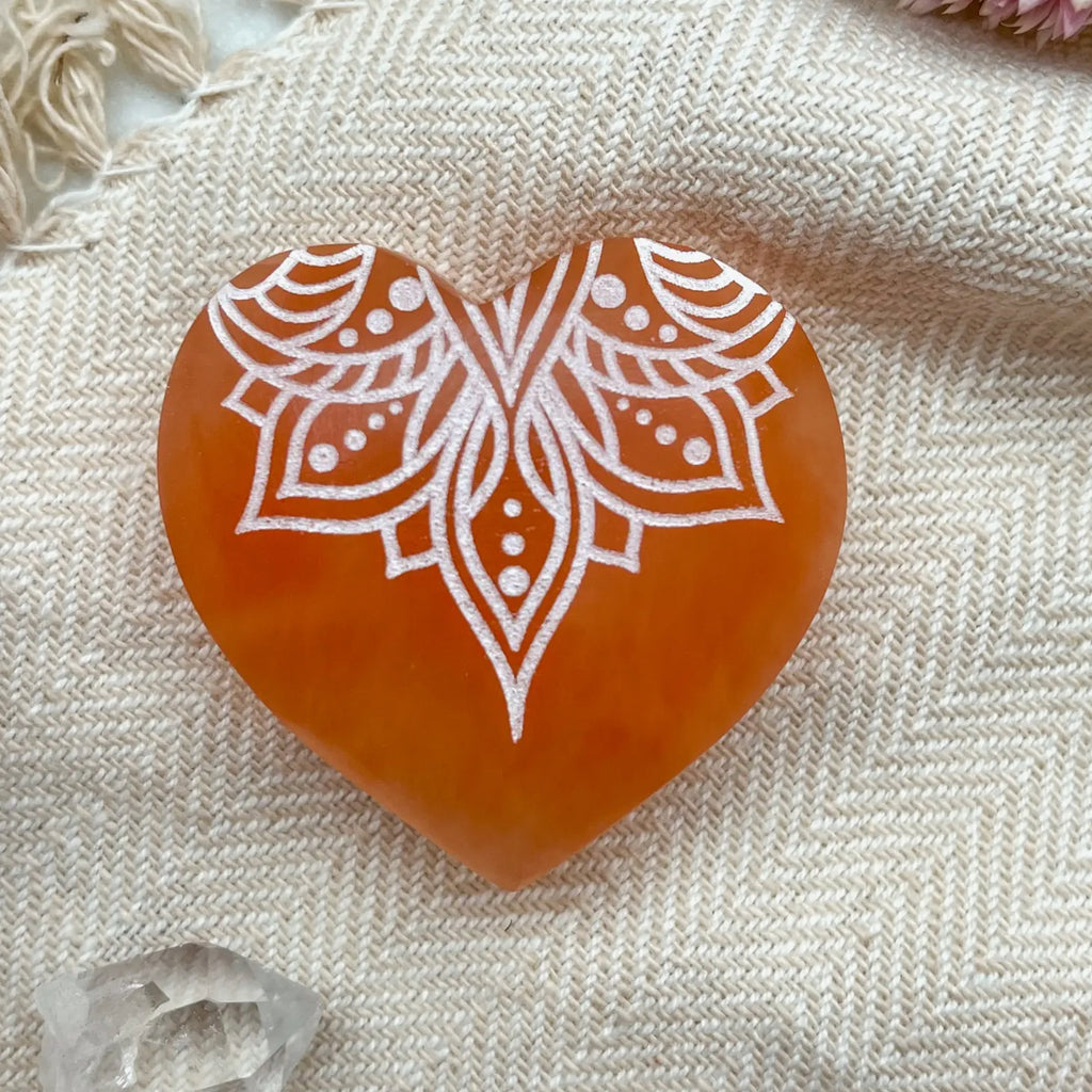 Engraved Peach Selenite Heart Shaped Crystal | Crystal Shop