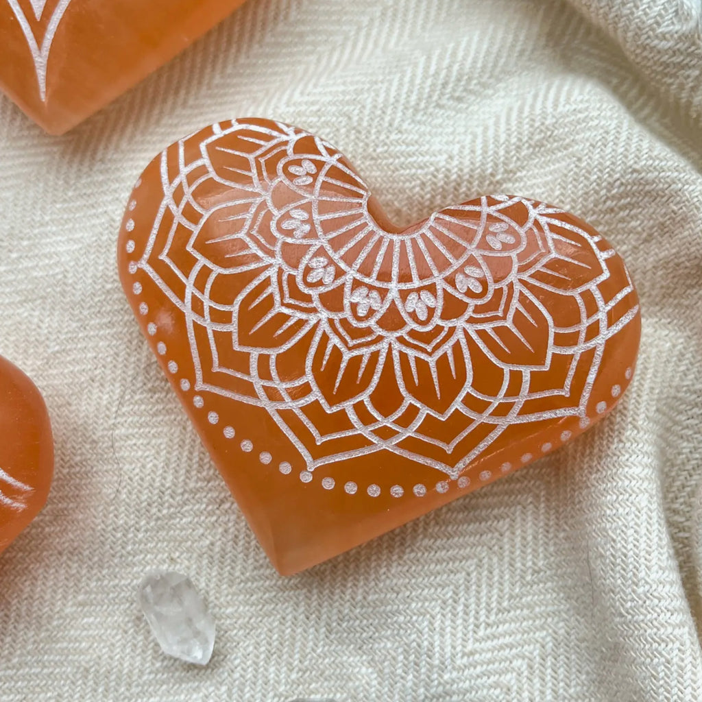 Engraved Peach Selenite Heart Shaped Crystal | Crystal Shop