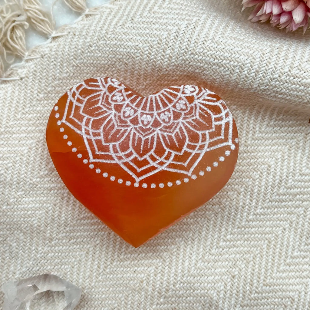 Engraved Peach Selenite Heart Shaped Crystal | Crystal Shop