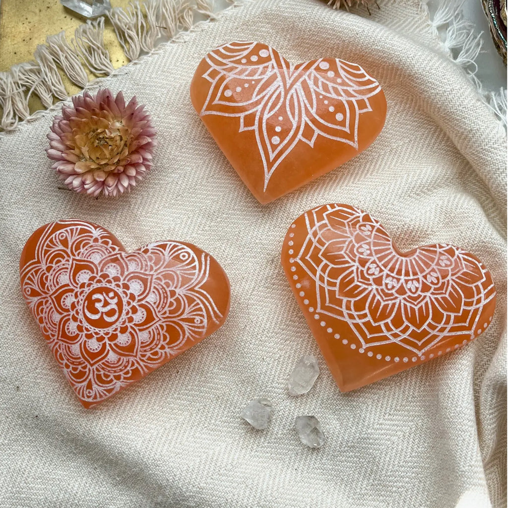 Engraved Peach Selenite Heart Shaped Crystal | Crystal Shop