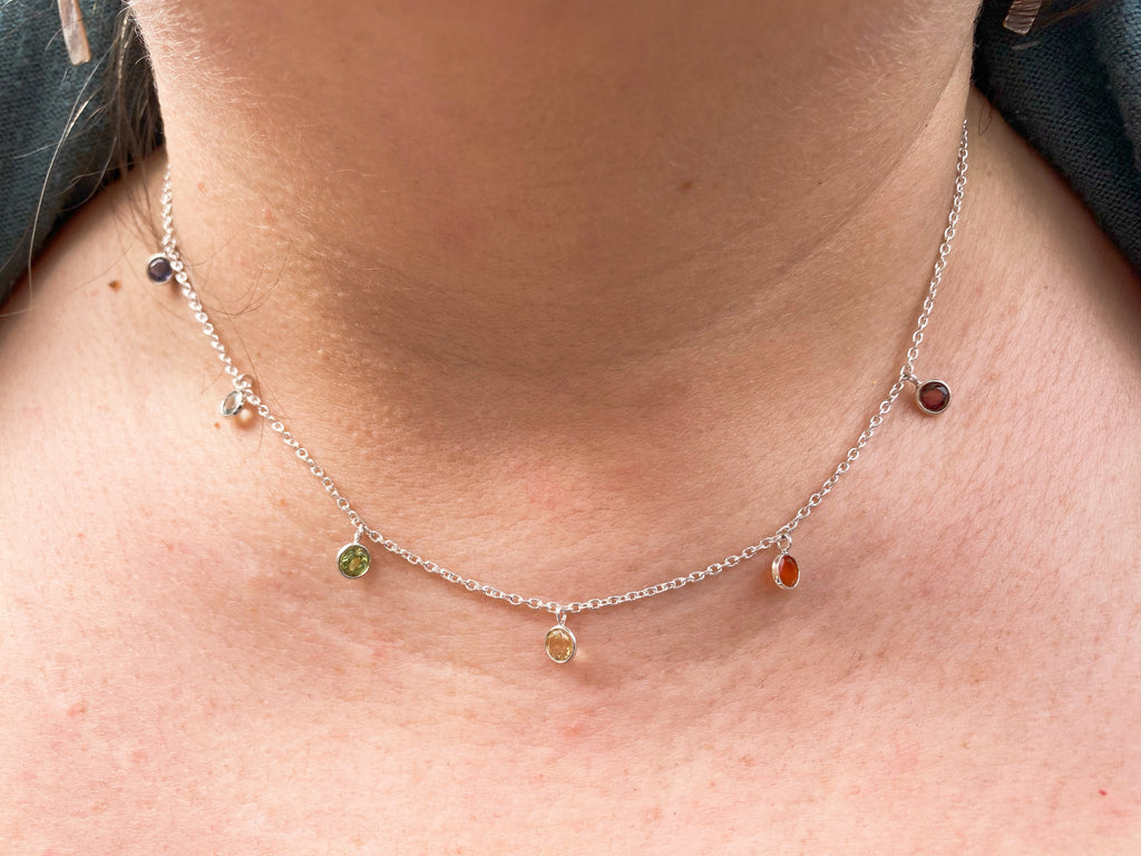 Silver Chakra Gemstone Droplet Necklace -Silver Choker Necklaces 