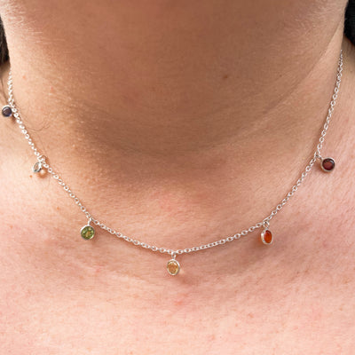 Silver Chakra Gemstone Droplet Necklace -Silver Choker Necklaces 