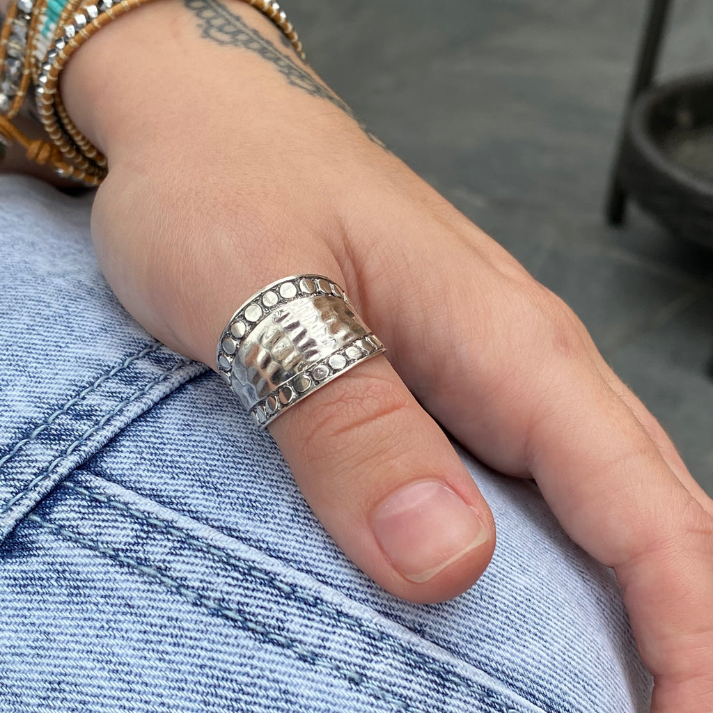 Wide Detailed Hammered Sterling Silver Ring | Handmade Silver Ring