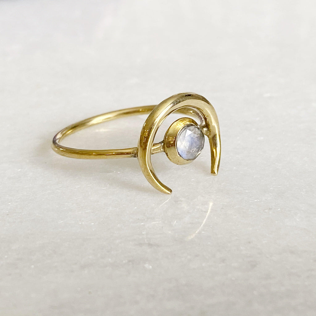 Crescent Horn Moonstone Ring -Brass - Earth and Elements Jewellery