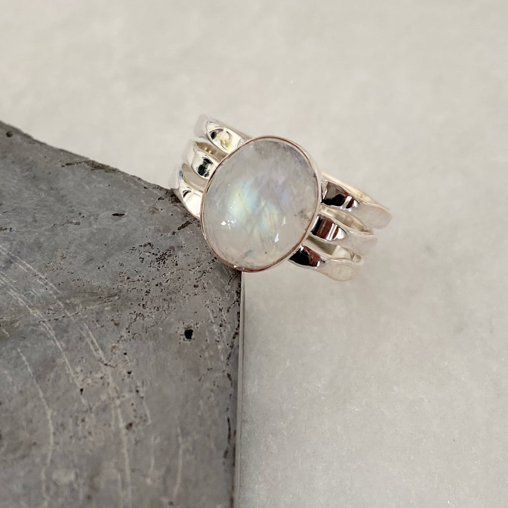 Silver Moonstone Ring with Layered Bands | Handmade Gemstone Jewellery