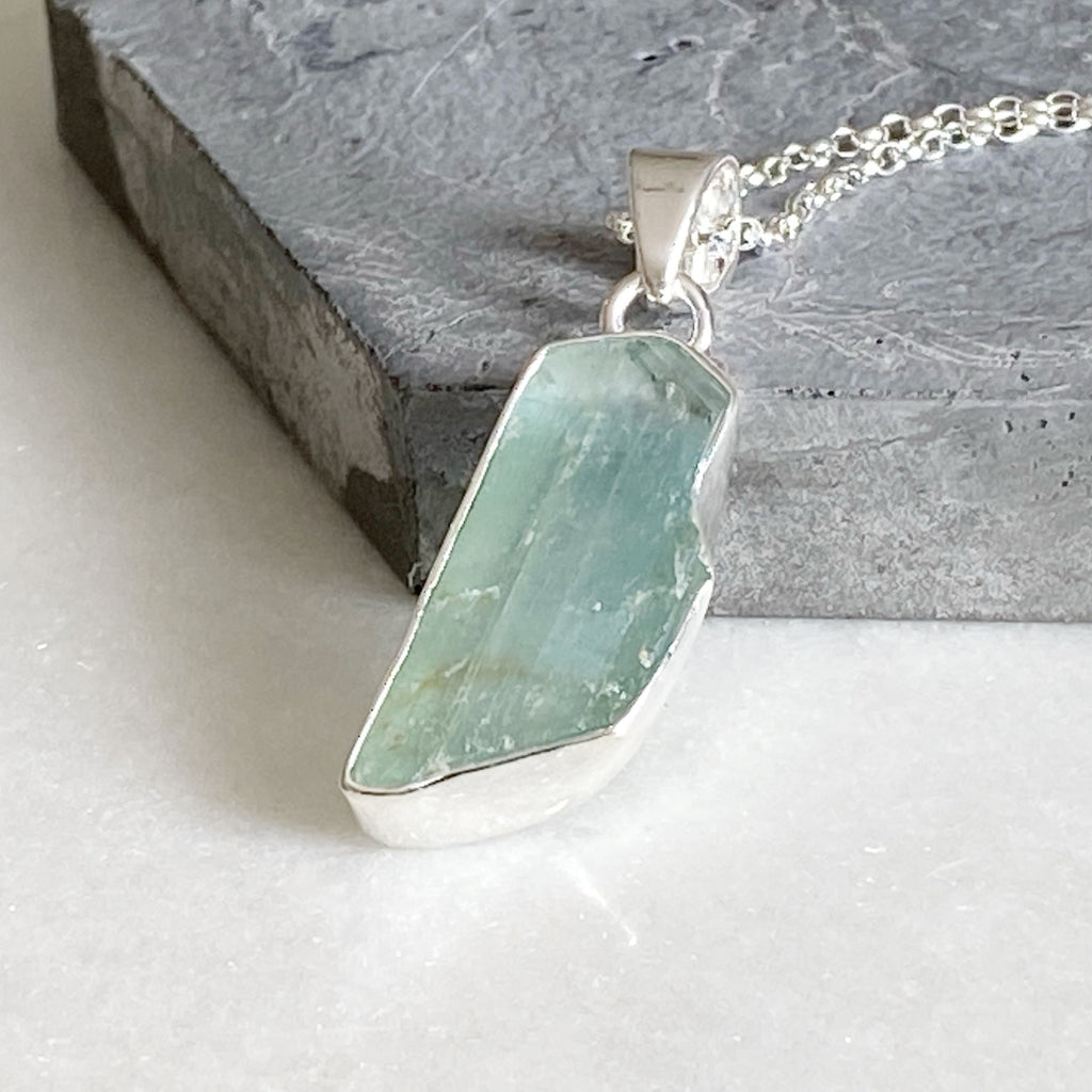 Raw Aquamarine Necklace | Roughcut Gemstone Silver Necklace