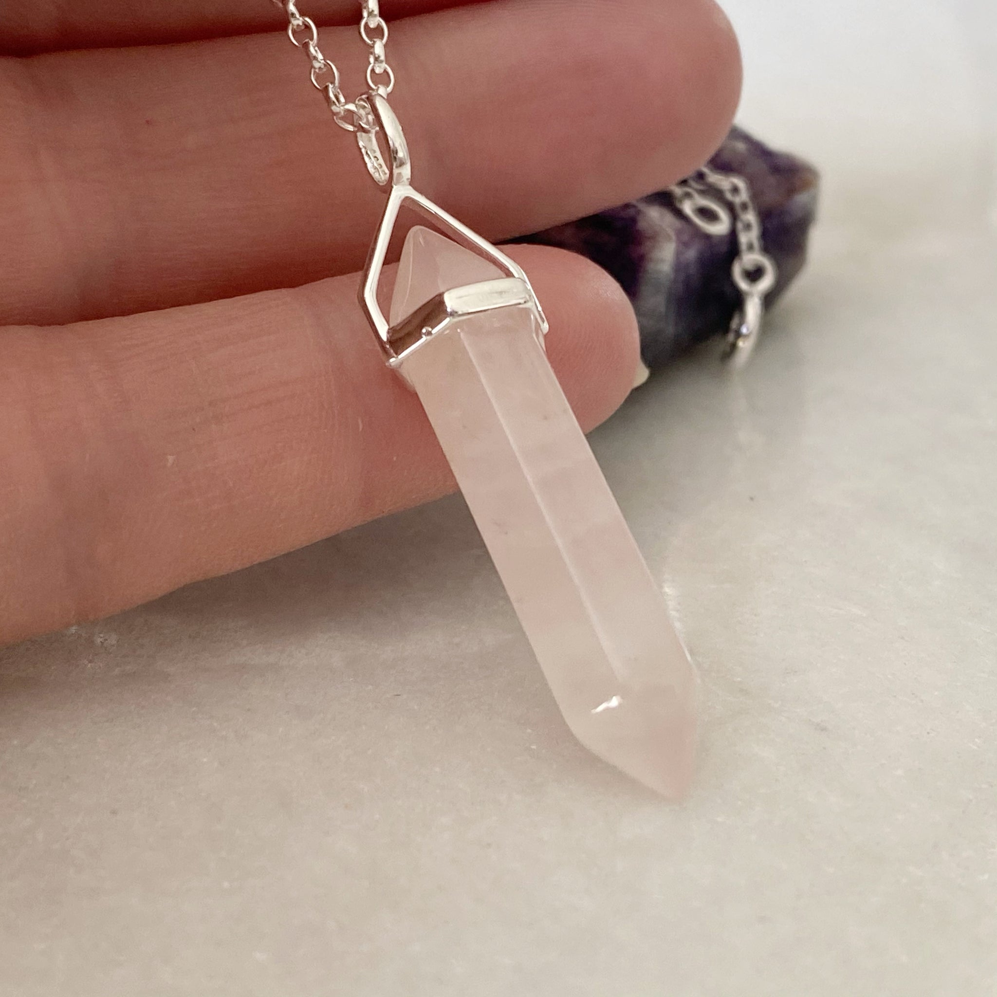 LOVE Healing Crystal Necklace Rose Quartz Sterling Silver Point