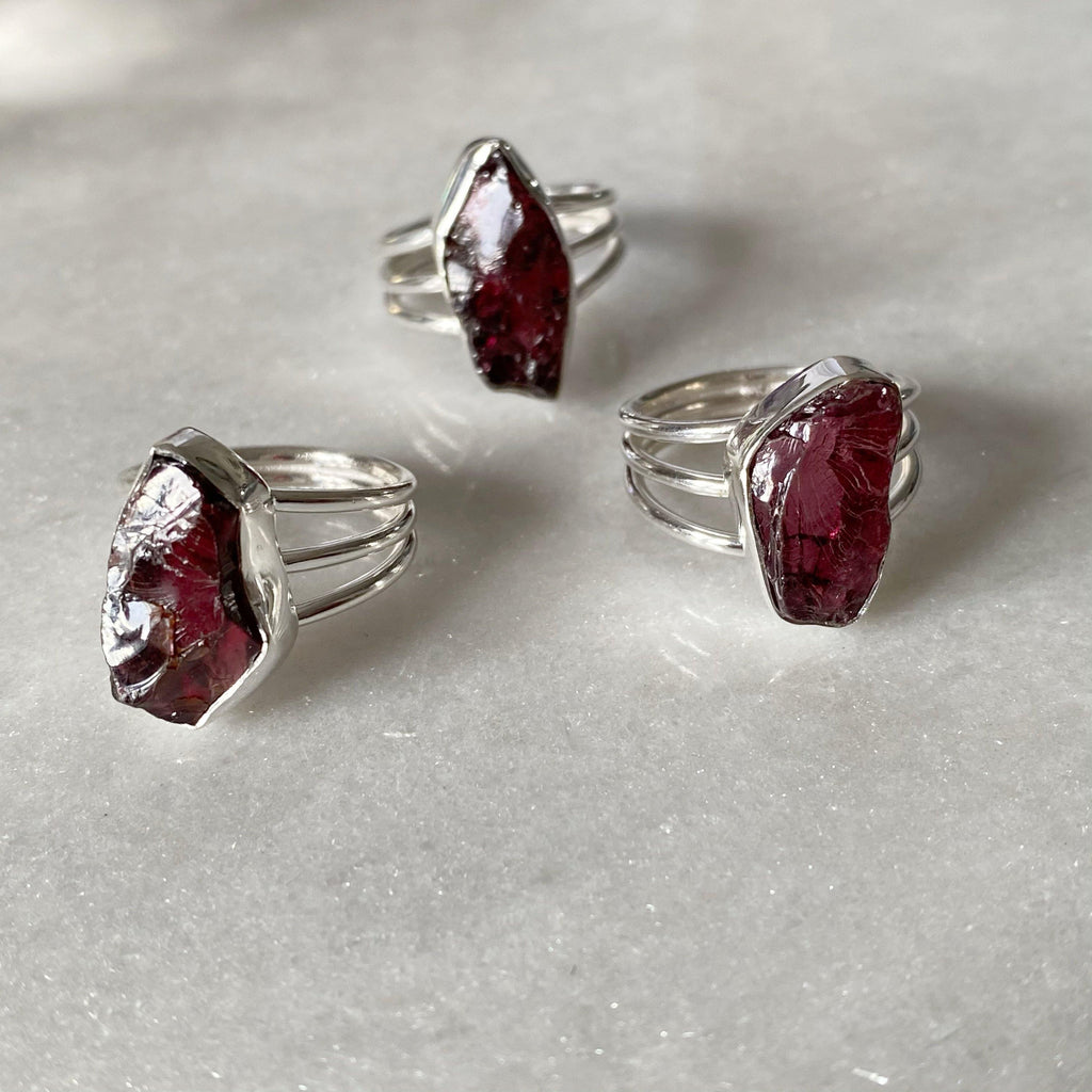 Raw Garnet Sterling Silver Ring | Handmade Raw Gemstone Rings