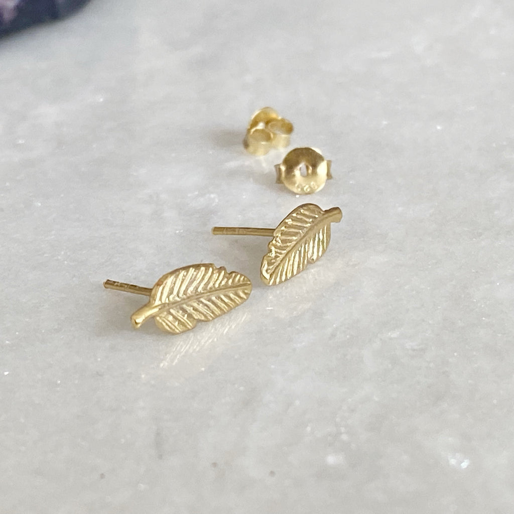 Sterling Silver Gold Plated Feather Stud Earrings | Earth and Elements Jewellery