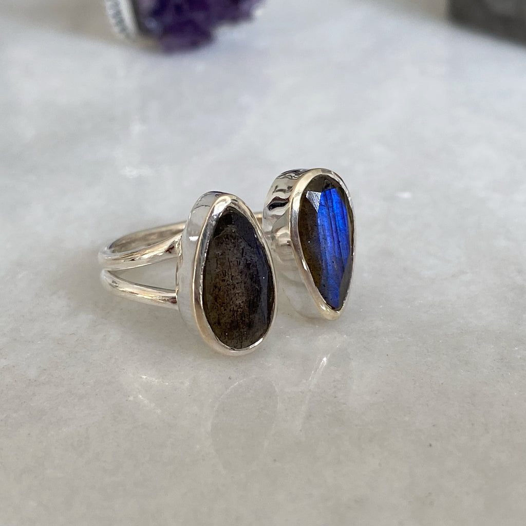 Ophelia - Labradorite Teardrop Adjustable Ring | Sterling Silver Adjustable Gemstone Ring