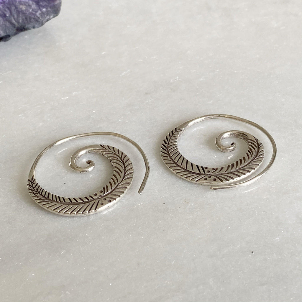 Hill Tribe Silver Feather Spiral Earrings - Earth and Elements Jewellery