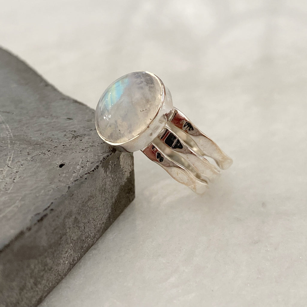 Silver Moonstone Ring with Layered Bands | Handmade Gemstone Jewellery