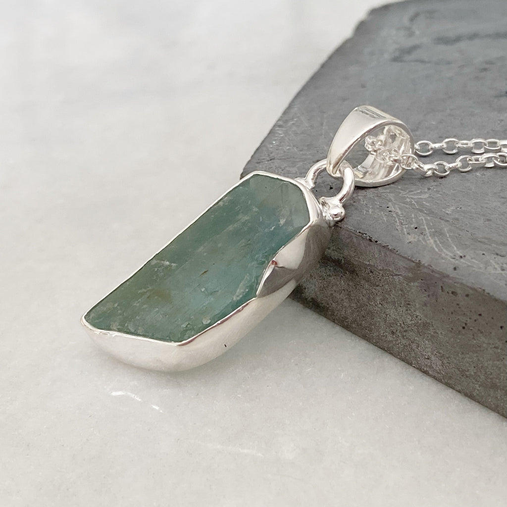 Raw Aquamarine Necklace | Roughcut Gemstone Silver Necklace
