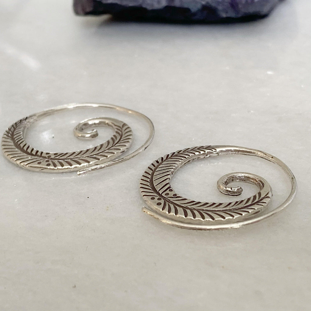 Hill Tribe Silver Feather Spiral Earrings - Earth and Elements Jewellery