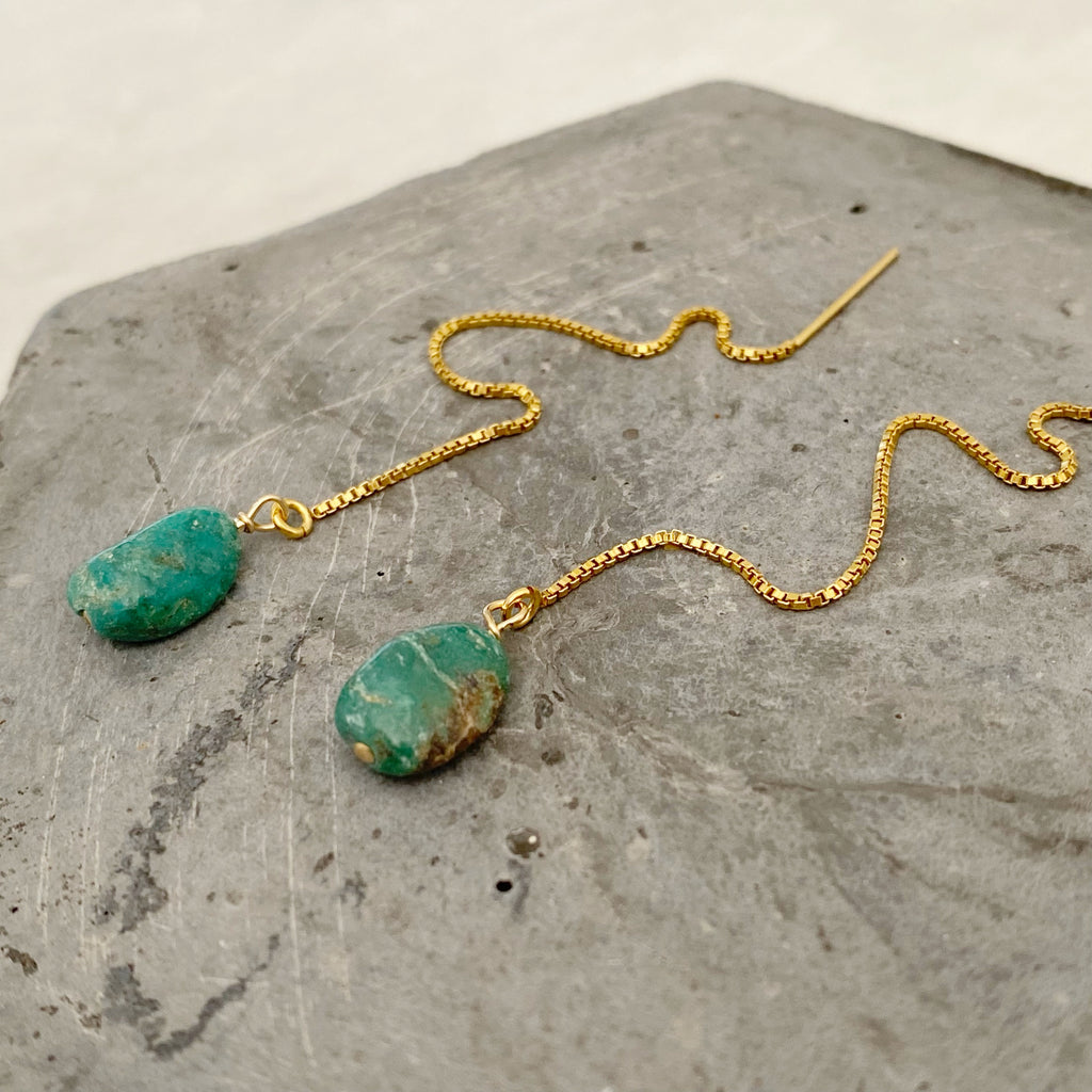 Turquoise Gold Filled Ear Threader Earrings | Gold pull through earrings