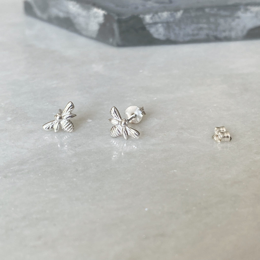 Tiny Silver Bee Studs | Sterling Silver Bumble Bee Earrings