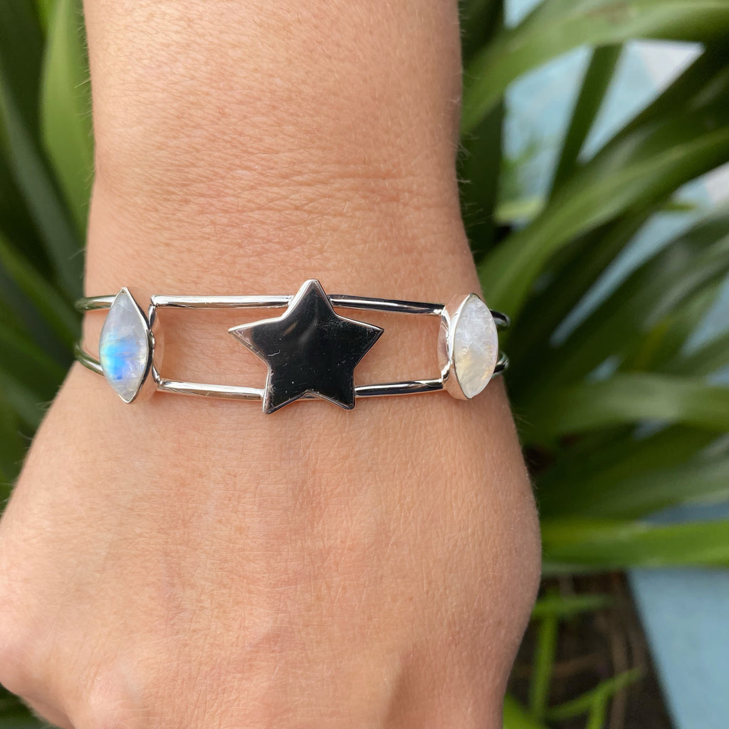 Divine Moonstone Silver Star Bangle | Adjustable Gemstone Bracelet
