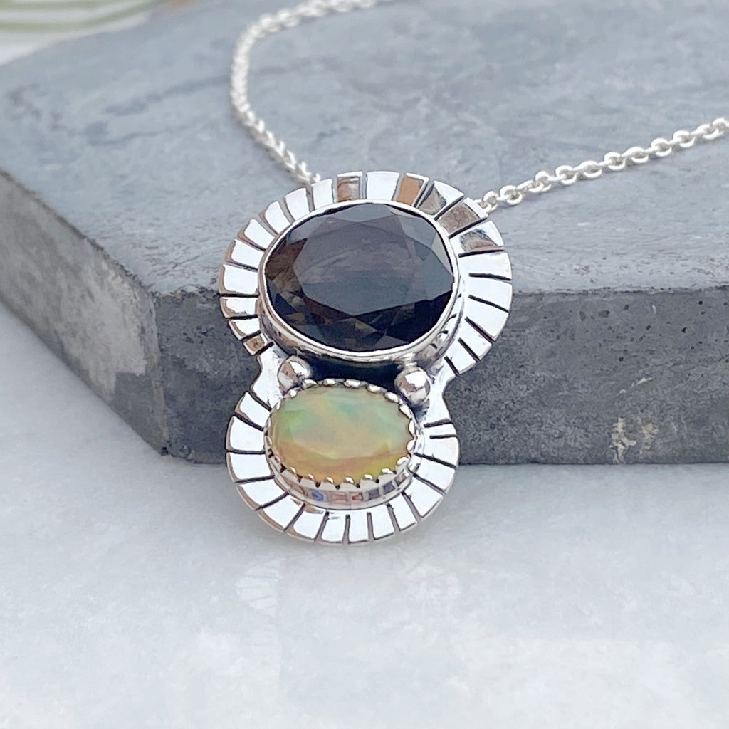 Opal and Smokey Quartz Silver Necklace | October Birthstone Jewellery
