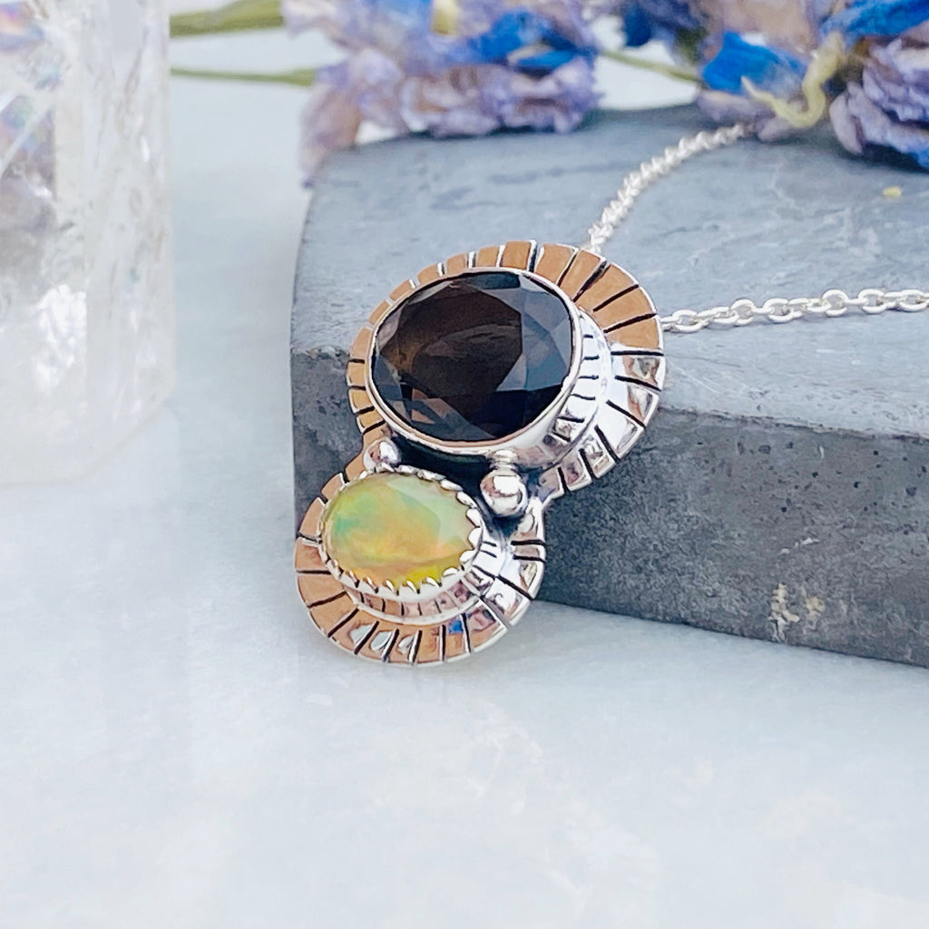 Opal and Smokey Quartz Silver Necklace | October Birthstone Jewellery