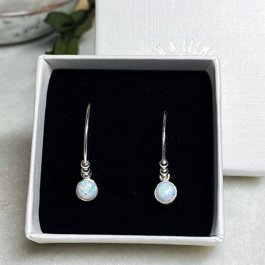 Mini Opal Silver Hoop Earrings | Sterling Silver White Opal Jewellery