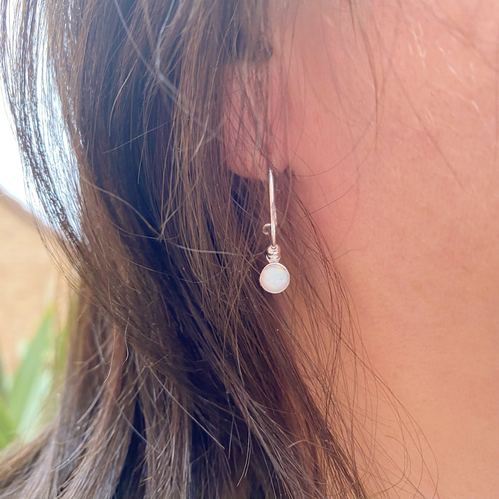 Mini Opal Silver Hoop Earrings | Sterling Silver White Opal Jewellery