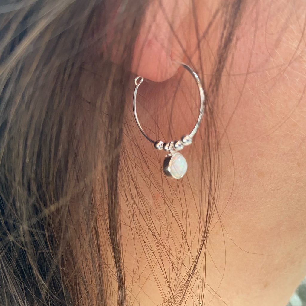 Mini Opal Silver Hoop Earrings | Sterling Silver White Opal Jewellery