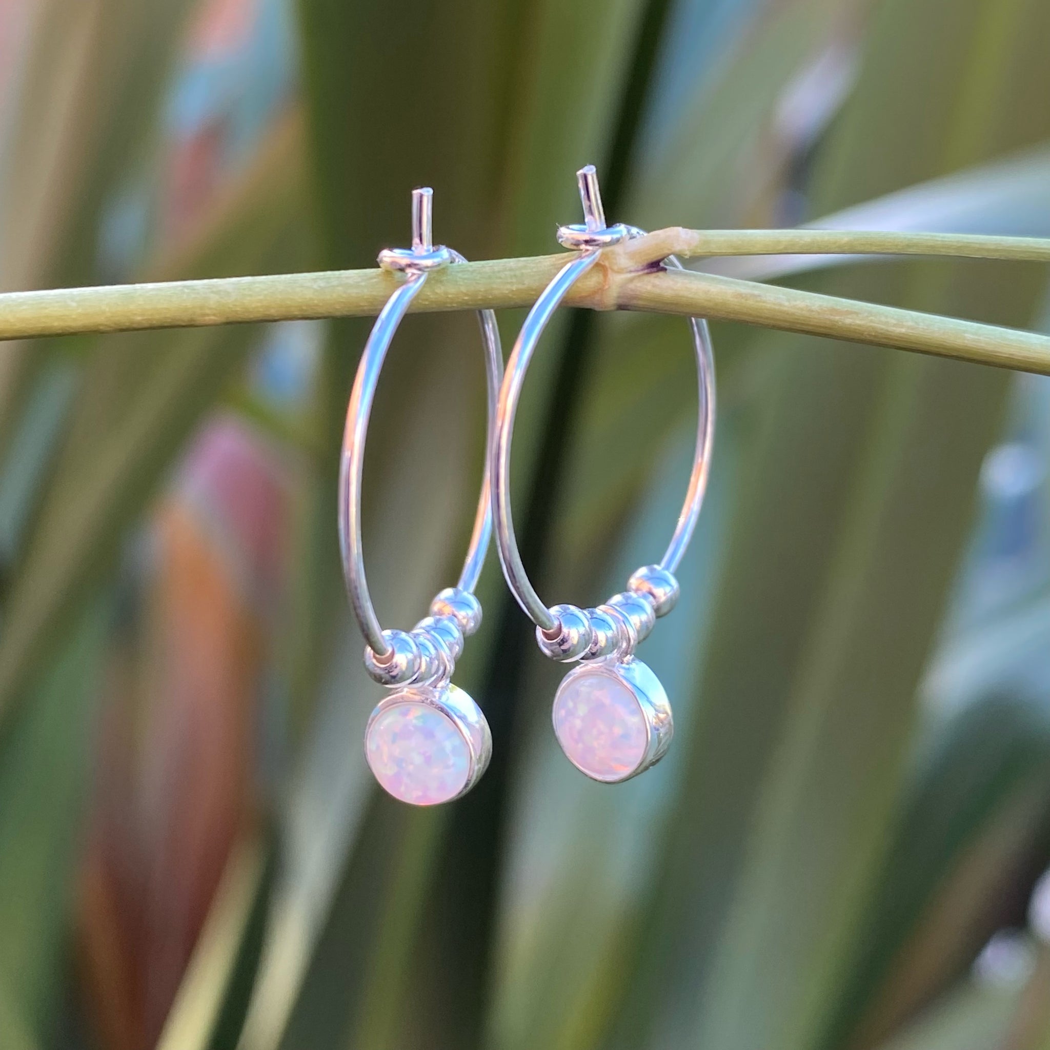 White Opal Silver Hoop Earrings
