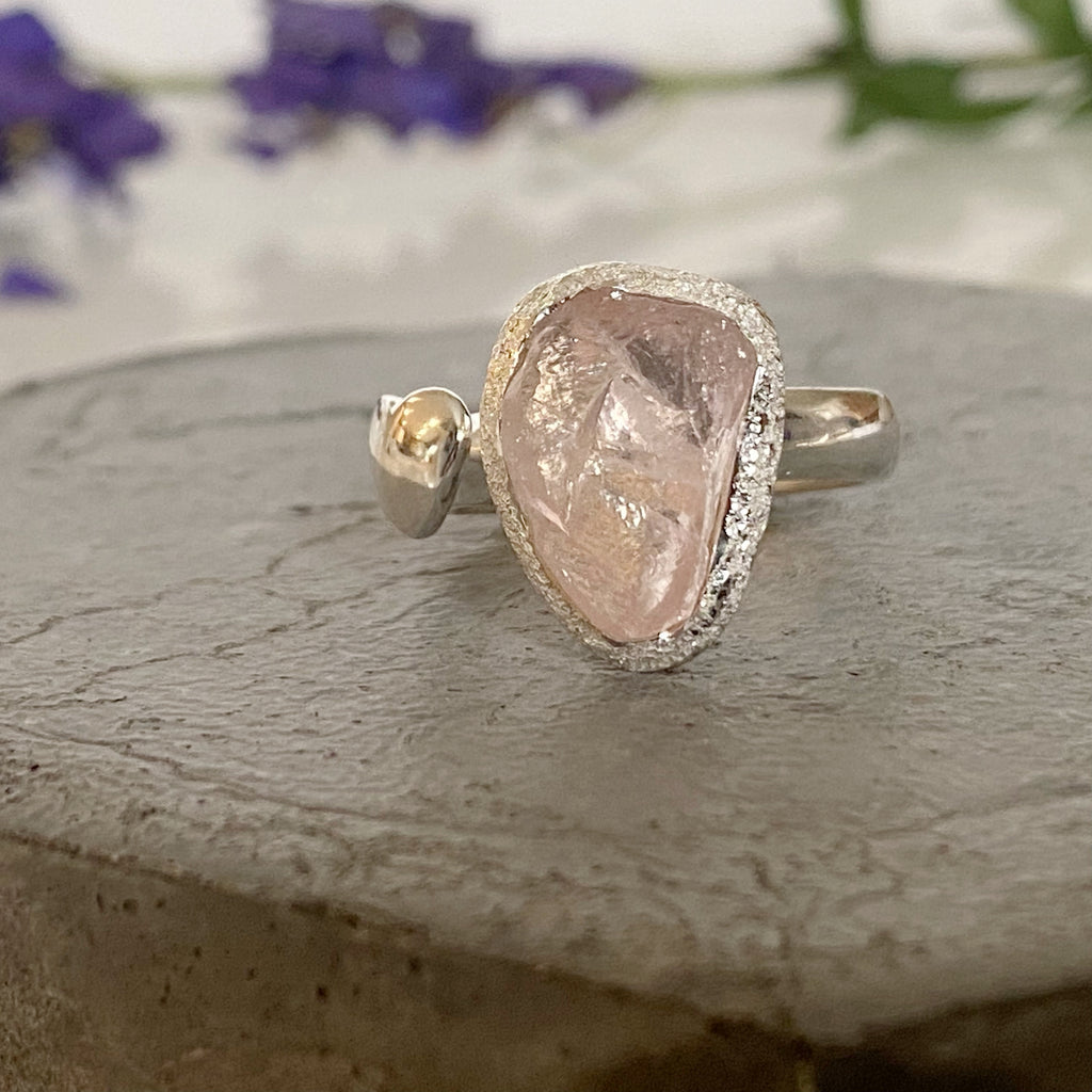 Raw Rose Quartz Crystal and Heart Adjustable Silver Ring