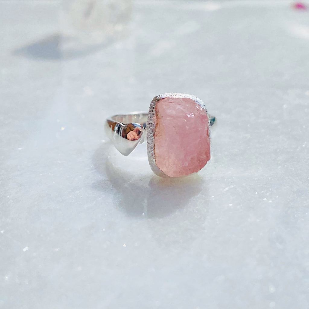 Raw Rose Quartz Crystal and Moon Crescent Adjustable Silver Ring