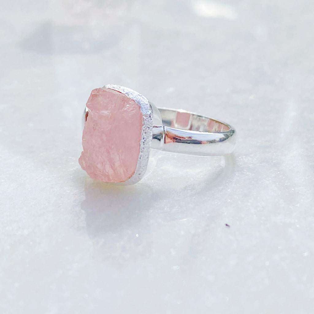 Raw Rose Quartz Crystal and Moon Crescent Adjustable Silver Ring
