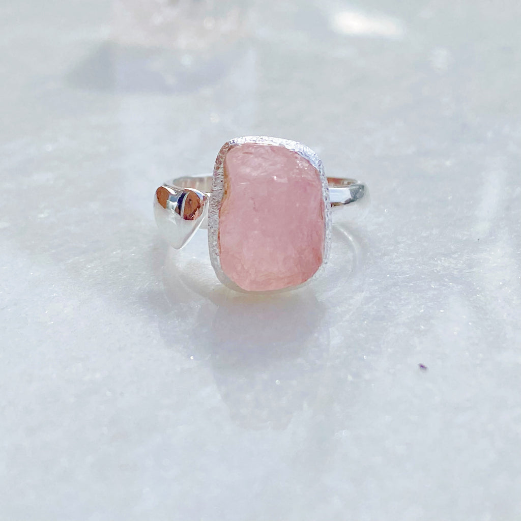 Raw Rose Quartz Crystal and Moon Crescent Adjustable Silver Ring