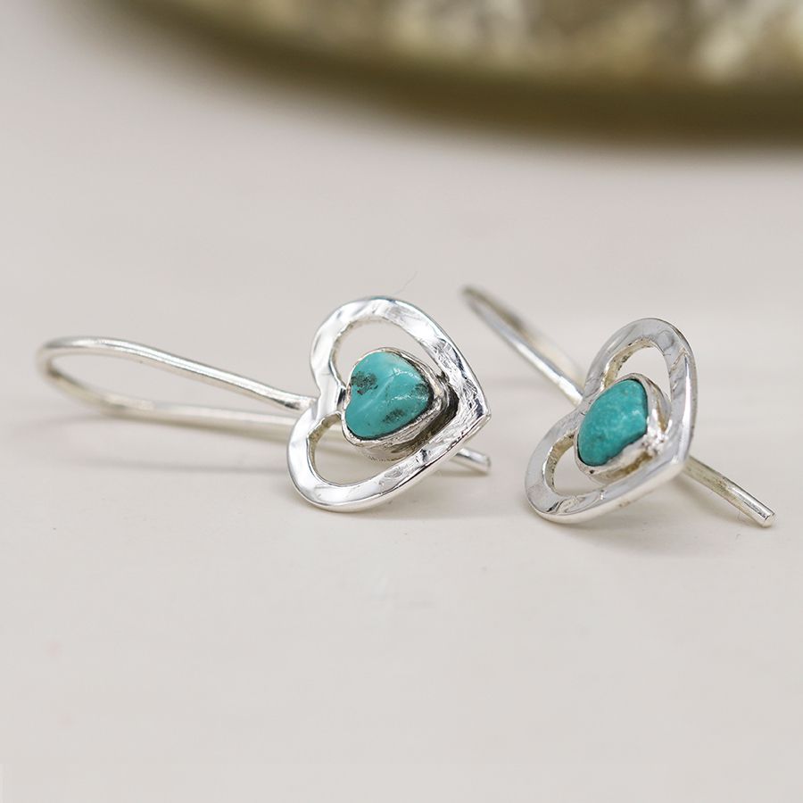 Turquoise Beaten Heart Earrings -Handmade Gemstone Jewellery