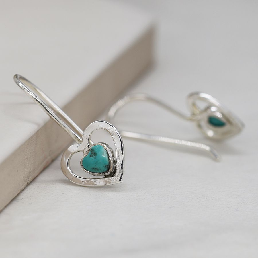 Turquoise Beaten Heart Earrings -Handmade Gemstone Jewellery