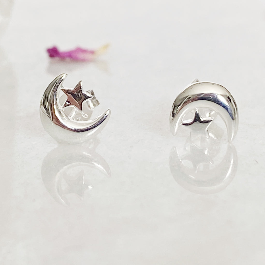 LUNAR- Silver Moon Crescent and Star Earrings | Celestial Witch Jewell