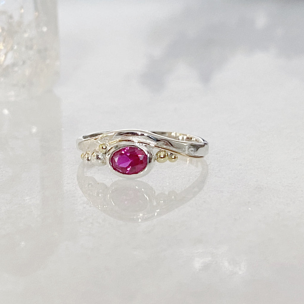 Organic Shaped Silver and gold dot Ruby Gemstone Ring
