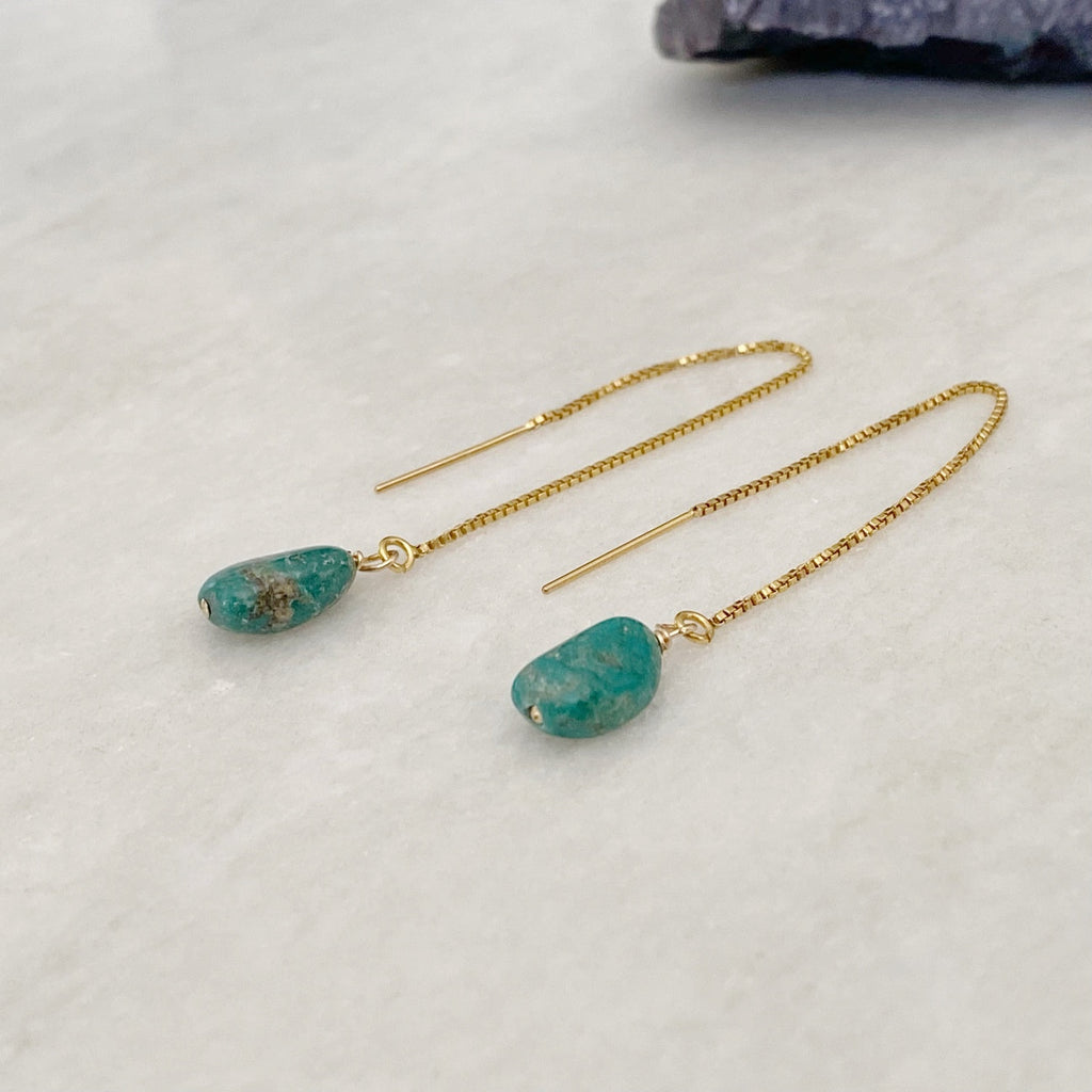 Turquoise Gold Filled Ear Threader Earrings | Gold pull through earrin…