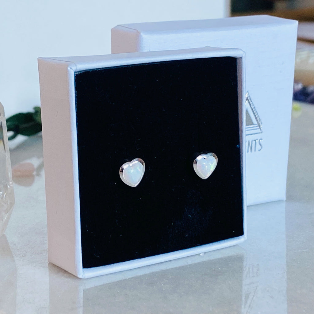 WHITE OPAL HEART STERLING SILVER EARRINGS -NEW