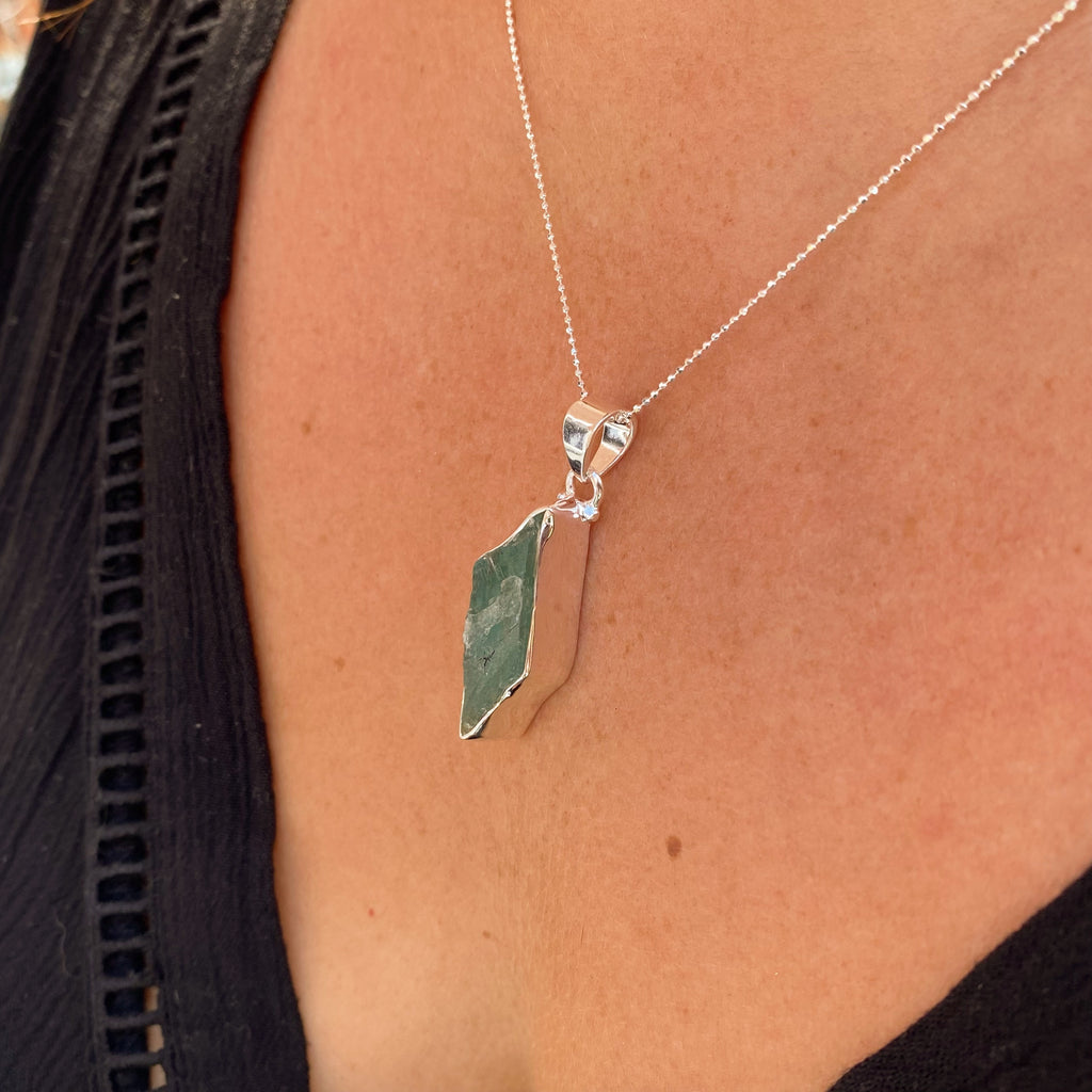 Raw Aquamarine Necklace | Roughcut Gemstone Silver Necklace